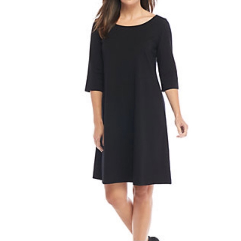 Eileen Fisher Black Shift Midi Dress Scoop Neck 3/4 sleeves-Small